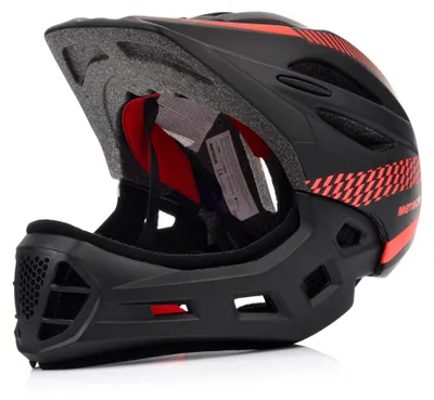 Produktbild von Meteor Lupus Fullface Fahrradhelm Kinder mit abnehmbarem Kinnschutz, LED-Licht, 15 Belüftungsöffnungen, Größe S 48-52 cm, Schwarz