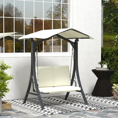 Produktbild von Hollywoodschaukel 2-Sitzer mit Sonnendach, Gartenschaukel Metall, Texteline, Cremeweiß | 150x120x182 cm | bis 220 kg | UPF30+ UV-Schutz