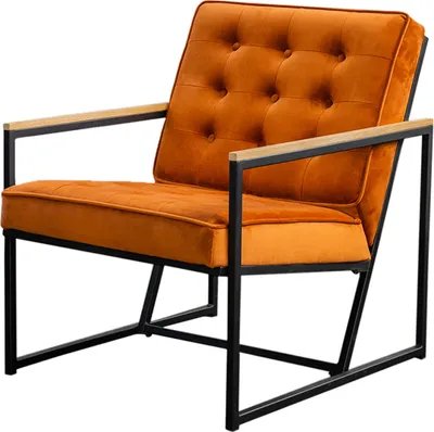 A single, orange velvet armchair with a black metal frame and light wood armrests, shown against a white background.