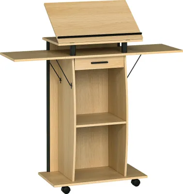 Produktbild von Tragbarer Rednerpult Ständer mit klappbaren Seitenflügeln, Laptoptisch Schublade Regal Eichenoptik