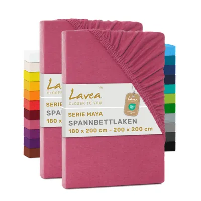 Produktbild von Lavea® 2er Pack Jersey Spannbettlaken 180/200x200 cm, 100% Baumwolle – Weiches Bettlaken für Matratzen bis 20 cm Höhe – Koralle