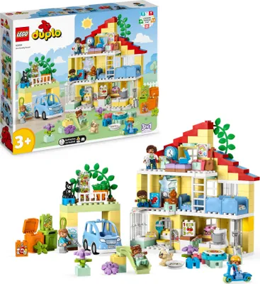 Produktbild von LEGO 10994 DUPLO 3-in-1-Familienhaus, Puppenhaus aus Bausteinen mit Push&Go Auto, 5 Figuren, 2 Tieren und  Spielzeug-Lampe, Spielhaus Geschenk für Kleinkinder, Mädchen und Jungen ab 3 Jahren