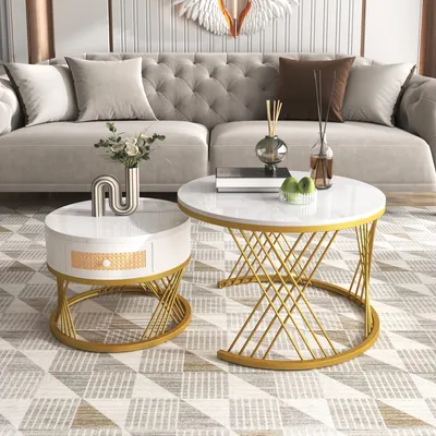 Produktbild von Tiema 2er Set Couchtisch Beistelltisch in Marmoroptik mit Regal Rund Ø70 x 46 cm und Ø50 x 49 cm Wohnzimmertisch Sofatisch Marmor Muster Holztisch Gestell aus Metall Weiß