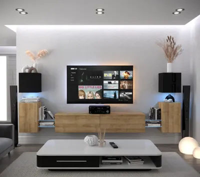 Produktbild von Furnitech Wohnwand Wohnzimmer - Wohnzimmer Möbel mit LED Weiß - Hängend Wohnwand Modern - Regale und TV Schrank (AN105-21BDZ-HGM6 1A)