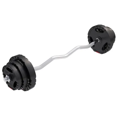 A barbell with weights on a white background.