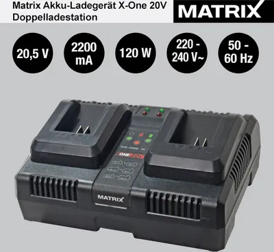 A black Matrix brand dual battery charger with technical specifications displayed above it.