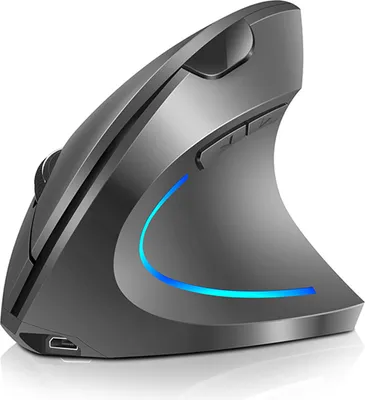 A close-up, studio shot of a gray vertical wireless mouse with a blue LED light strip.