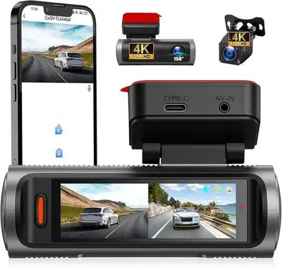 Obrázek produktu pro 4K palubní kamera do auta s přední a zadní kamerou, 3,19palcovým dotykovým displejem, G-senzorem, ovládáním přes aplikaci, parkovací asistentem, funkcí cyklického záznamu a nočním viděním
