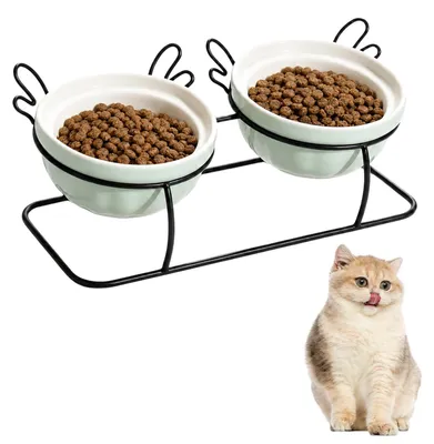 Produktbild von Keramik Katzennapf Erhöht Katzen Napf, Doppelnapf Hund Erhöhter Katzennapf Set mit Metallständer Fressnapf Katze Futternapf Katze für Futter und Wasser, Futternäpfe für Kleine und Mittelgroße Hunde
