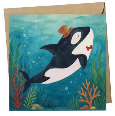 Produktbild von Mr. & Mrs. Panda Grußkarte Orca Zylinder Design - Weiß - Geschenk, Meer, Fete, anlasskarte, doppelkarte, faltkarte, Konfetti, Klappkarte, Glitzer, Glückwunschkarte, Fest
