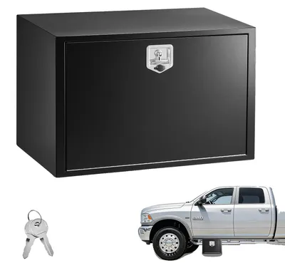 Image de Boîte à outils VEVOR pour le dessous de camion, 609 x 305 x 356 mm, coffre de rangement en acier robuste pour remorques, avec serrure et clés, étanche. Coffre de rangement pour remorques, idéal pour organiser le chargement, avec poignée en T, pour camions, fourgonnettes, SUV, de couleur noire