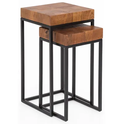 Produktbild von WOHNLING Satztisch WL5.660 Sheesham Metall Beistelltisch 2er Set Klein Couchtisch Set 2 Holz Tische Massivholz Wohnzimmertisch Metallgestell Schmaler