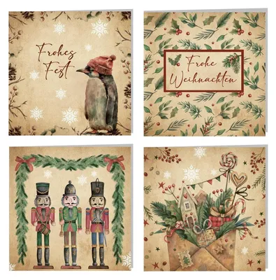 Produktbild von 4 Weihnachtskarten Set mit Kuvert braun beige vintage  14,8 x 14,8 cm