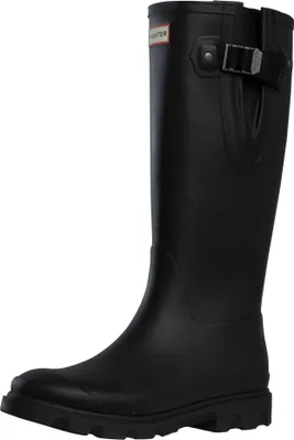 A black Hunter rain boot is shown against a white background.
