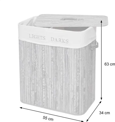 Immagine prodotto di Cesto portabiancheria MCW-C21, cesto per la biancheria, contenitore per la biancheria, in bambù, 2 scomparti, 63x55x34 cm, 100 l ~ bianco