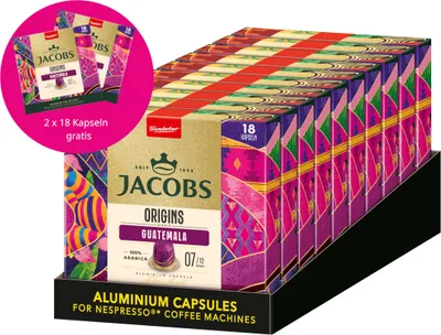 A display box of Jacobs Origins Guatemala coffee capsules, with a promotional overlay.