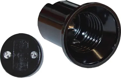 A black light bulb socket and a black circular cap with screws are shown on a white background.