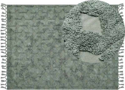 Produktbild von BELIANI Teppich Grün Baumwolle 160 x 230 cm Rechteckig Geometrisches Muster Boho mit Fransen Boho Fußbodenheizug Geeignet Wohnzimmer Schlafzimmer