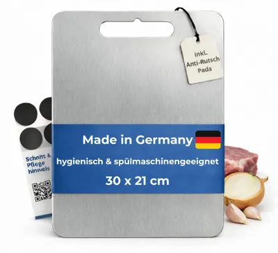 Produktbild von Schneidebrett aus Edelstahl – hygienisch, spülmaschinenfest und rutschfest – Hergestellt in Deutschland – Maße: 30 x 21 cm