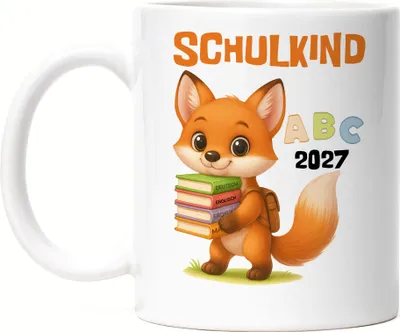 Produktbild von Schulkind 2027 Tasse Weiß Fuchs – Klassische Geschenkidee Einschulung, Kinder-Tasse ABC Motiv Jungen Erstklässler