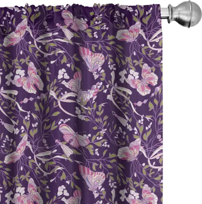 Image de ABAKUHAUS Rideaux de printemps, rideaux, motif naturel avec papillons abstraits et branches fleuries, 2 pièces 75 x 245 cm, violet foncé multicolore