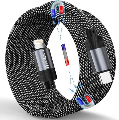 Produktbild von Magnetisch USB C Lightning Kabel 15m Nylon geflochten schwarz