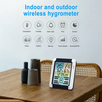 Produktbild von DECDEAL Wetterstation Funk mit Außensensor, Drahtloser Hygrometer thermometer für Innen Außenbereich,Wettervorhersage, Stationsuhr, Digitales Farbdisplay Funkuhr Funkwetterstation