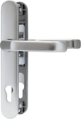 A silver door handle set with a keyhole.