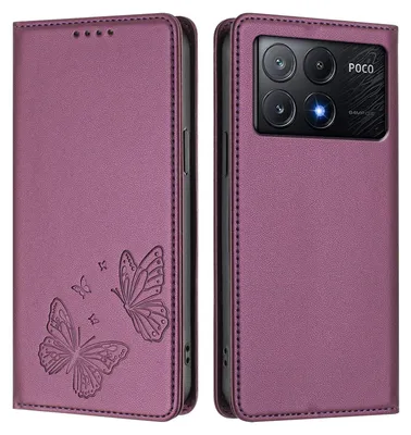 Image de Étui en cuir pour Xiaomi Poco X6 Pro, motif papillon, étui à rabat avec porte-appareil, violet