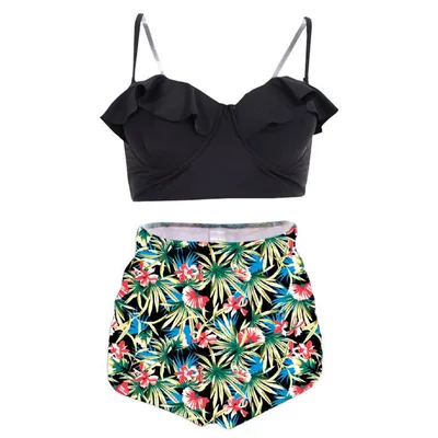 Produktbild von Sexy plavky s vysokým pasem a špagetovými ramínky Falbala Tankini Set, Black&Flower/3XL