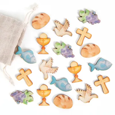 Produktbild von Streudeko Set 18 christliche Symbole Tischdeko aus Holz Kreuz Taube Brot