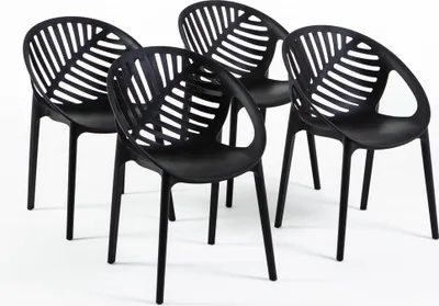 Image de lot de 4 chaises empilables en résine renforcée de fibre de verre pour l'extérieur, le jardin, les bars et les restaurants - design moderne inspiré des feuilles - VIVIAN - Noir