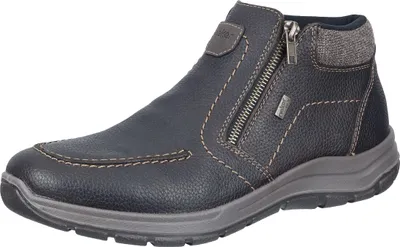 A single blue leather boot with a zipper closure is shown against a white background.