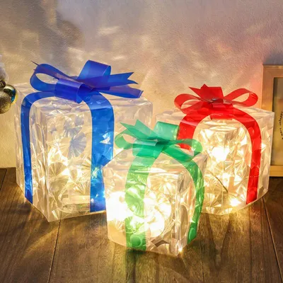 Produktbild von Set mit 3 beleuchteten Weihnachtsgeschenkboxen, LED-beleuchtete Geschenkboxen, Ornament, warmweiße Lametta-Boxen, Dekoration für Haus, Hof und Rasen, rot, blau, grün