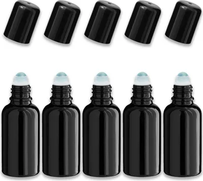 Produktbild von 5x Glasflasche schwarz 30 ml Roll-on mit schwarzem Verschluss Set leer