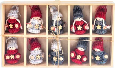 Produktbild von 10 Stück Christbaumschmuck Holz Püppchen Wichtel  Häkelkleid 8 cm Anhänger in Holzbox