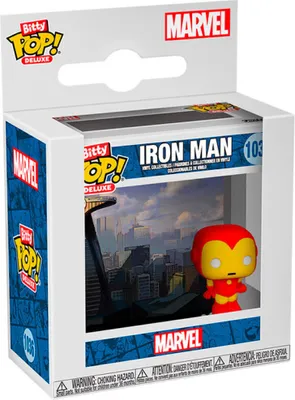A Funko Pop! Bitty Deluxe Iron Man collectible figure in its packaging.