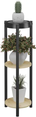 Produktbild von Relaxdays Pflanzenständer rund, 3 Ablagen, Blumenständer für innen, HBT: 71x24x24 cm, Blumenregal, Metall, schwarz/natur