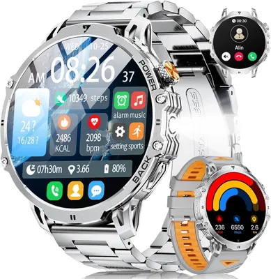 Produktbild von 2026 Smartwatch für Herren im Militärstil 1000 mAh Akku, Taschenlampe, über 110 Sportmodi, 2 Armbänder, IP68- mit Puls-, SpO2