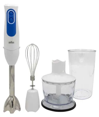 A white hand blender with its accessories laid out on a white background.