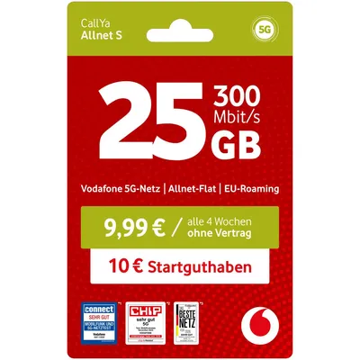Produktbild von Vodafone Prepaid CallYa S | 25 GB | 10 EUR Guthaben | ohne Vertrag | 5G | Allnet Flat | EU-Roaming | Weltweit nutzbar