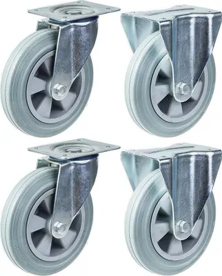 Produktbild von 200mm 8" Rolle grau gummibereift, drehbar und feststehend, 820kg Tragkraft, 4er Set