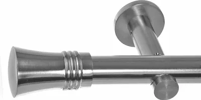 Close-up of a metal curtain rod with a decorative finial and a wall bracket.