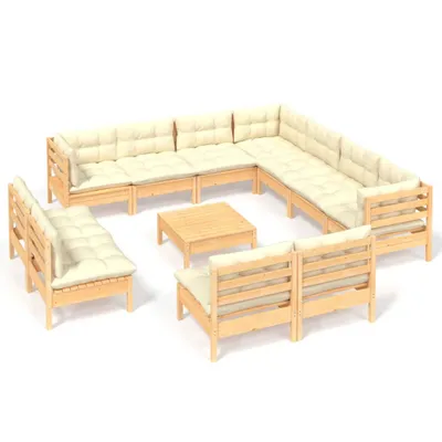 Produktbild von 12-tlg. Garten-Lounge-Set mit Creme Kissen Massivholz Kiefer