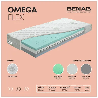 Obrázok produktu pre Matrac zo studenej peny Benab Omega Flex Matrac 160 x 200 cm H2 / H3 tvrdosť 20 cm výška Matrace zo studenej peny, Aloe Vera, PUR, BIO pena, 7 zón, Profilácia