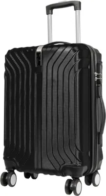 A black rolling suitcase with a textured surface and silver handle.