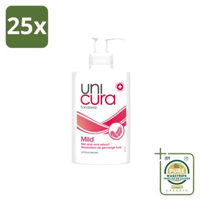 Productafbeelding van 25 x Unicura Antibacteriële vloeibare zeep, mild - 250 ml - Voordeelverpakking - 25 stuks