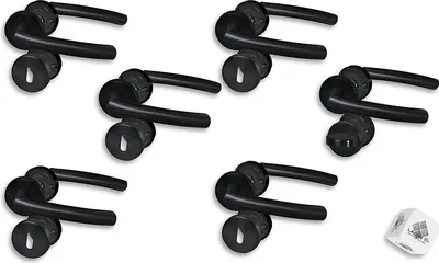 Produktbild von Türbeschlag 6er Set, Rosettengarnitur Griff nach innen gebogen 5 x für Zimmertüren 1 x für Bad/WC Türe schwarz, Türklinke Türgriff