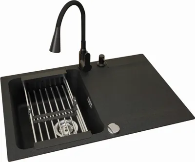 Produktbild von Waschbecken Franke Orion Oid Black 611-78 Black Onyx Quartz Flexo Armatur