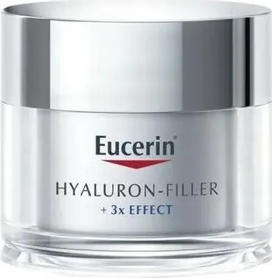 A studio shot of a Eucerin Hyaluron-Filler day cream jar.